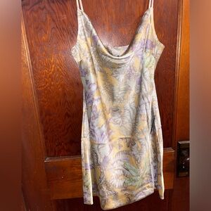 never worn sexy cowl neck mini dress. purple and yellow colors. from lulus